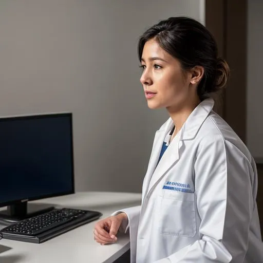 Prompt: A female doctor wearing white lab coat is talking to a male patient. Photo realistic. 
