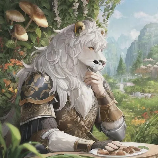 Prompt: portrait of a (Buff Leonin Paladin, with White fur and black skin, small lion ears) Wearing plate Armor. Jungle background with rustic camouflage details including leaves and Flowers and Colorful Mushrooms, D&D setting, perfect composition, hyperrealistic, super detailed, 8k, high quality, trending art, trending on artstation, sharp focus, studio photo, intricate details, highly detailed, by greg rutkowski and alphonse mucha


