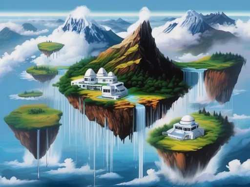 Prompt: oil paint, bob ross, floating islands in the sky above clouds, mountain on the main island with white futuristic building on top, waterfall and lake, rivers water falling down in the clouds, muted colors