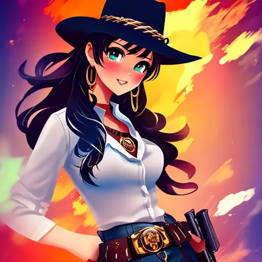 Prompt: 1girl,cowgirl, anime art style, facing camera,  colt45. revolver, wild west vibe, Indian women