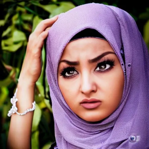 Prompt: Hijabi girl ,make pray , perfect face , sad face , cry , sun light , romance , drama , photography , arabian house