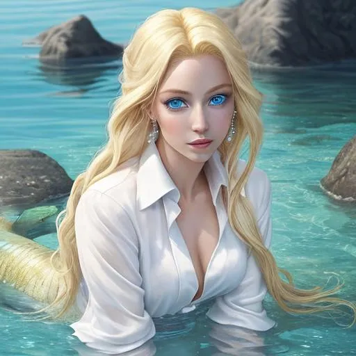 Prompt: Painted mermaid with blond hair, sparkling blue eyes, wearing a pearl ring, wearing a white silk shirt and has a fair skin