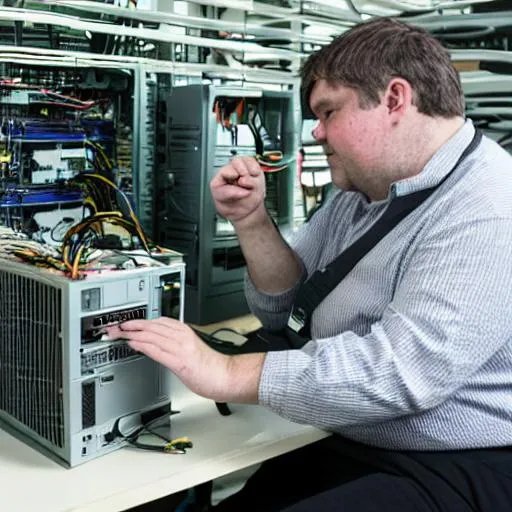 Prompt: old fat computer technician with Gavin on a label