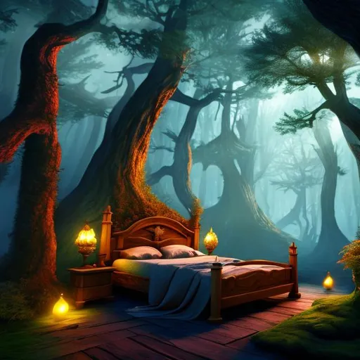Prompt: fantasy forest, bedroom interior, UHD, HD, 8K, 