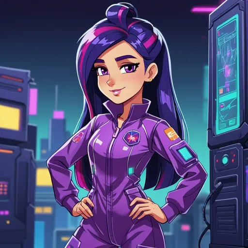 Prompt: Cyberpunk Equestria girls twilight sparkle wearing tech jumpsuit