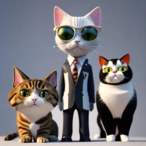 Prompt: Imagine a gallery of portraits showcasing cats in different professional outfits, each embodying their chosen career. Whether it's a sophisticated CEO cat in a tailored suit or a daring firefighter cat in full gear, let your artwork celebrate the diverse talents and contributions of working cats. photorealism, 3d elements, DoF, daz3d, cinema4d