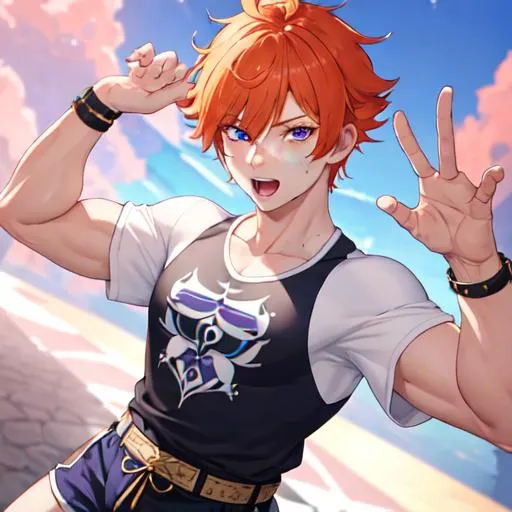 Prompt: Erikku male (short ginger hair, freckles, right eye blue left eye purple) muscular, UHD, 8K, Highly detailed, insane detail, best quality, high quality. hands in the air, wearing a t-shirt and shorts