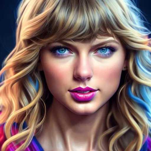 Prompt: High-res digital portrait of Taylor Swift, vibrant and colorful, realistic digital painting, detailed facial features, expressive blue eyes, flowing golden hair, glamorous stage outfit, dynamic and lively pose, professional quality, realistic, colorful, detailed eyes, vibrant colors, stage performer, professional lighting