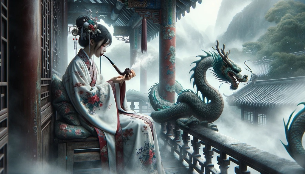 Prompt: A girl smoking a pipe in an oriental costume on a porch, in the style of matte painting, hauntingly beautiful illustrations, sketchfab, traditional Chinese, photobashing, dragon art, mist in wide ratio