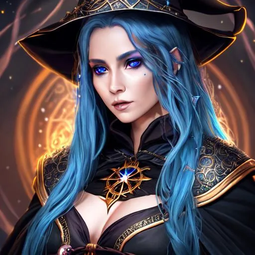 Prompt: A beautiful D&D Circle of Stars Druid, full body character portrait, dark fantasy, detailed, realistic face, digital portrait, fiverr dnd character, beautiful Tiefling woman of 27 years old, blue skin, bright tattoos of stars on her face and hands, one black eye, Wearing a Witch's robe, Leather armor, and Witch's Hat with the underside of the Hat having a star pattern on it. 