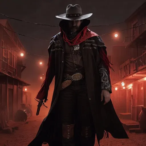 Prompt: Cyber Cowboy with 4 Arms, fiery red Poncho, Dressed in black duster and Stetson Cowboy Hat, with Red eyes, Haunting Presence, Intricately Detailed, Hyperdetailed, Desert Wild West Landscape, Dusty Midnight Lighting, Wild West Feel