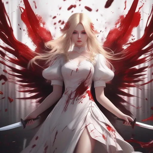 Prompt: 3d anime woman covered in blood angelic blonde hair and white dress with a knife and beautiful pretty art 4k full HD