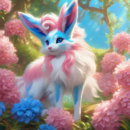 Prompt: (blue Sylveon), realistic, photograph, fantasy, epic oil painting, (hyper real), furry, (hyper detailed), extremely beautiful, (on back), playful, UHD, studio lighting, best quality, professional, ray tracing, 8k eyes, 8k, highly detailed, highly detailed fur, hyper realistic thick fur, canine quadruped, (high quality fur), fluffy, fuzzy, full body shot, hyper detailed eyes, perfect composition, hyper realistic depth, ray tracing, vector art, masterpiece, trending, instagram, artstation, deviantart, best art, best photograph, unreal engine, high octane, cute, adorable smile, lying on back, flipped on back, lazy, peaceful, (highly detailed background), vivid, vibrant, intricate facial detail, incredibly sharp detailed eyes, incredibly realistic scarlet fur, concept art, anne stokes, yuino chiri, character reveal, extremely detailed fur, sapphire sky, complementary colors, golden ratio, rich shading, vivid colors, high saturation colors, nintendo, pokemon, silver light beams