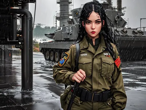 Prompt: Analog style portrait+ style ; war girl artistic pose in motion with wet, splashing water wearing baggy pants and military uniform visiting fuel refinery leopard2a5 tank. Hyperealistic 8k shot of rainstorm beautiful morning hour high resolution dim lighting. Hazel eyes. Long black hair. Shadow eyeliner. Side glancing back at viewer.
