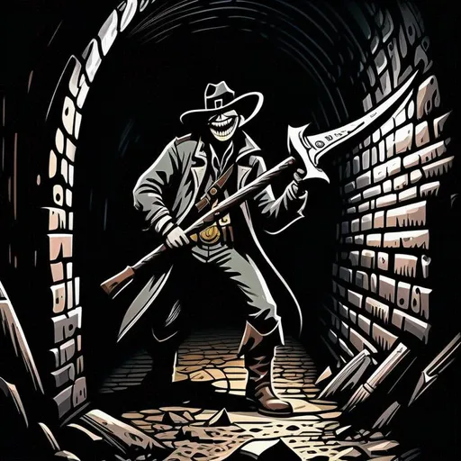 Prompt: concept art of a grinning creepy pistolero holding a (((huge pickaxe))) in a dark tunnel, perfect Anatomy, ultra fine details, intricate scene, anatomically correct, dreadful, comics style, UhD, 8k