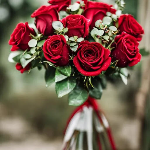 Prompt: fresh red rose bouquet with dew drops