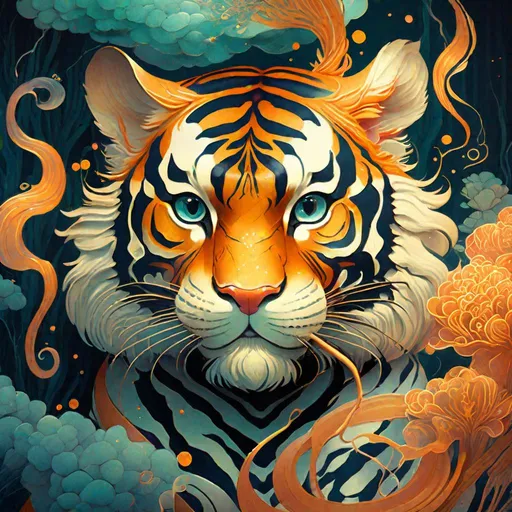 Prompt: "an adorable anthropomorphic tiger made of smoke:: glowing eyes with reflection: by Steven spazuk: hyperdetailed: watercolor by heikala: by victo ngai, yoshitaka amano: fluid gouache by android jones: beautiful composition: cgsociety: by Bella Kotak, awwchang: anton fadeev: anime portrait by makoto shinkai: anime anthro smoke tiger: electric blue highlights"