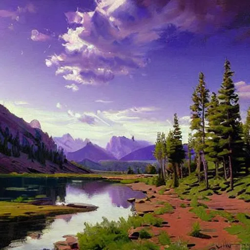 Prompt: Create a painting of a Colorado landscape using mostly purple colors in the style of Peder Mork Monsted.