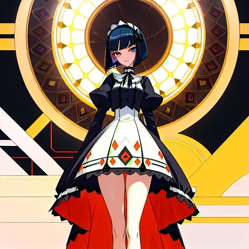 Prompt: a lonely AI girl, very tall, thick thighs, wide hips, long legs, slender arms, slender waist, big beautiful symmetrical eyes, intriguingly beautiful face, aloof expression, bob haircut with bangs, wearing Tribal-Lolita fashion clothes, high fashion, 12K resolution, hyper quality, hyper-detailed, hyper-realistic, hyper-professional