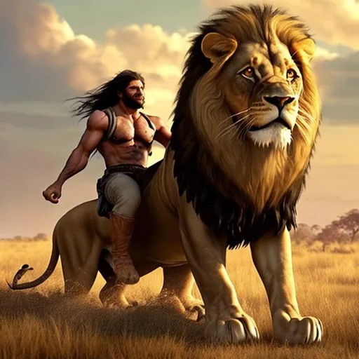 Prompt: A long haired man with a big chest and muscles riding a lion in the savanna
