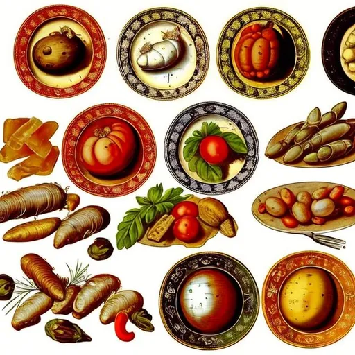 Prompt: 16th century style painting of plates with antipasti

