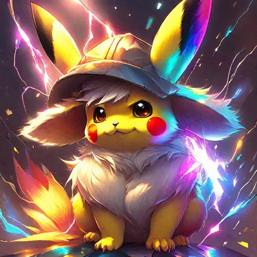 Prompt: cute fluffy Pikachu, rainbow colours, sparkling eyes, embers in her eyes, shining eyes, sharp features, lightning, highly detailed, digital painting, artstation, concept art, smooth, sharp focus, beautiful fur, expressive eyes, illustration, art by Artgerm and greg rutkowski and alphonse mucha