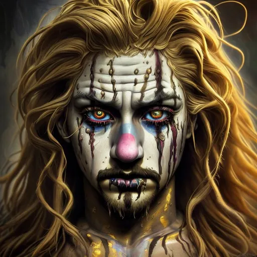 Prompt: Psychedelic, Tragic, Weeping Sad Unhappy 3D HD Tragic Bum Dirty {Clown}Male, Beautiful big reflective eyes, long flowing hair, ultra detailed full body artistic photography, detailed rugged Gorgeous detailed face, shadows, oil on canvas, brush strokes, ultra sharp focus, ominous, matte painting movie poster, golden ratio, epic, intricate, cinematic character render, hyper realistic, 64K --s98500
