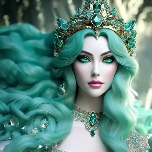Prompt: A graceful queen of a forgotten civilization with a long gown huge crystal crown green eyes and a crystal throne room realistic 