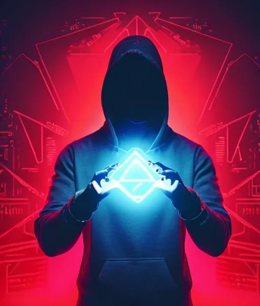 Prompt: Man hands on table, full body covered,face not visible, hands making illuminati gesture fingers covering his half face and view , in a pitch Dark room facing camera, background rgb colors