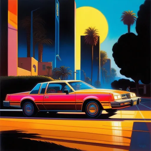 Prompt: 1980s, Los Angeles, neon, car chase, sunny weather, warm atmosphere, cartoony style, extremely detailed painting by Greg Rutkowski and by Henry Justice Ford and by Steve Henderson