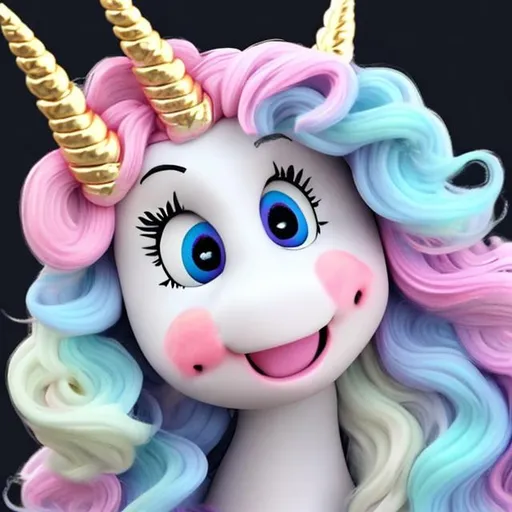 Prompt: unicorn with pastel colours hair in one eye of unicorn there is baby laughing 