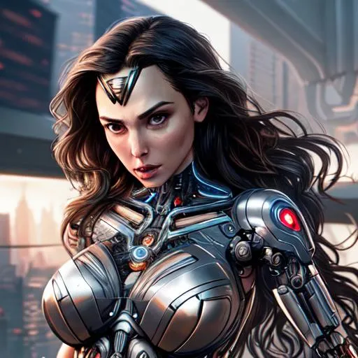 Prompt: Gal Gadot as cyborg with mechanical body parts, intricate detail, Detailed face, cleavage, photo realistic, hyperrealism, artstation, HD, 4K, dynamic lighting, very long wavy hair, Cyberpunk art, futuristic car