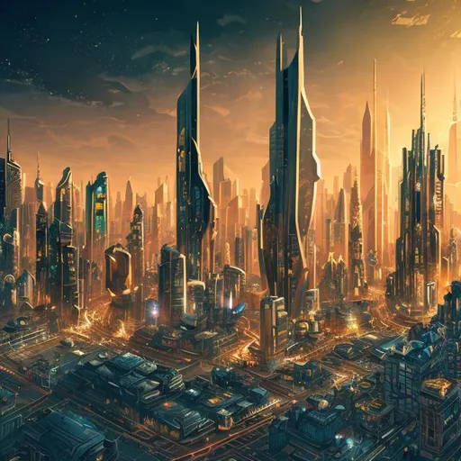 Prompt: Golden cape in a futuristic cityscape and skyscrapers, comic-book style, brightly colored, detailed rendering, powerful, dynamic, heroic, intense, vibrant, 4k, 8k