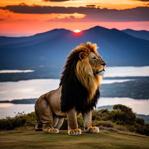 Prompt: A plush lion standing on a mountain looking at a sunset
