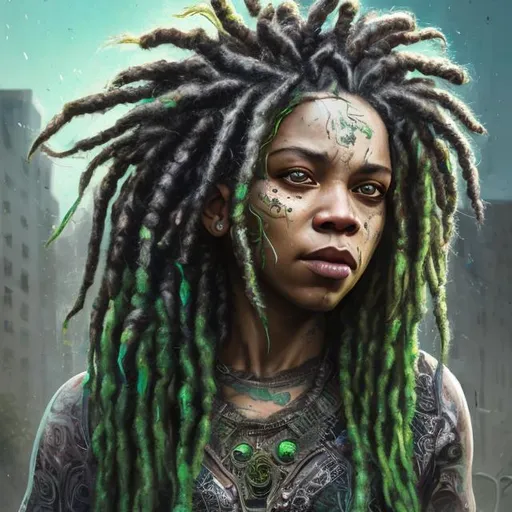 Prompt: Portrait of female with {green} hair in dreadlocks and with gently scarred face, {city}, perfect composition, hyperrealistic, super detailed, 8k, high quality, trending art, trending on artstation, sharp focus, studio photo, intricate details, highly detailed
