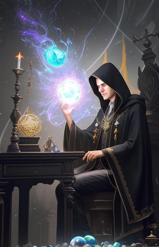 Prompt: front view of male sorcerer standing before a glowing chaotic orb, dark hair summoning wealth, treasure piling on a desk, crystals on a desk, protection, aura, skull on a desk, alchemy on a desk, papers, several amulets, dark clothing, black jacket with hood, long flowing hair, magical runes, occult, runic symbols, enochian, realistic eyes, apostate, vivid colors, masterpiece, art by HR Giger, dark contrast, 3D lighting, nighttime in the heavens, background