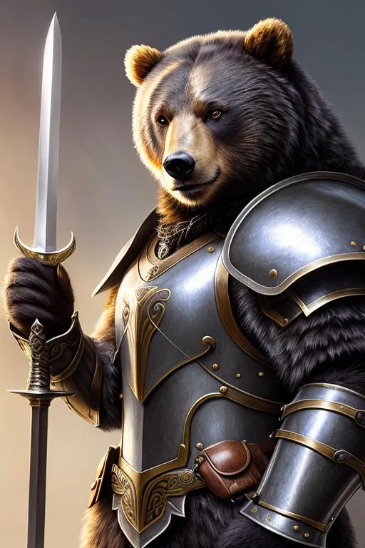 Prompt: award winning portrait painting of a male anthropomorphic bear wearing metal fantasy armor and wielding a magic sword in battle, (backlighting:1.4), digital painting, concept art, smooth, sharp focus, rule of thirds, dark fantasy, intricate details, medium shot, (shallow depth of field:1.1), sci fi, jim burns
