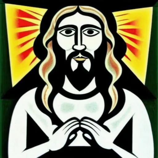 Prompt: Jesus Christ smiling in the style of Pablo Picasso.