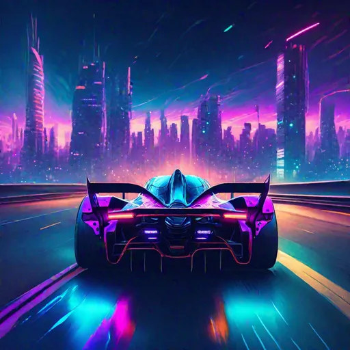 Prompt: F1 car rear view driving down long highway with the city lights reflecting of, cyberpunk theme, sat on top of building over looking the city with the dun setting, cyberpunk, trippy sky, vibrant colors, HD, 4K, professional brush work, detailed, cinematic shot, better, F1 car, future 