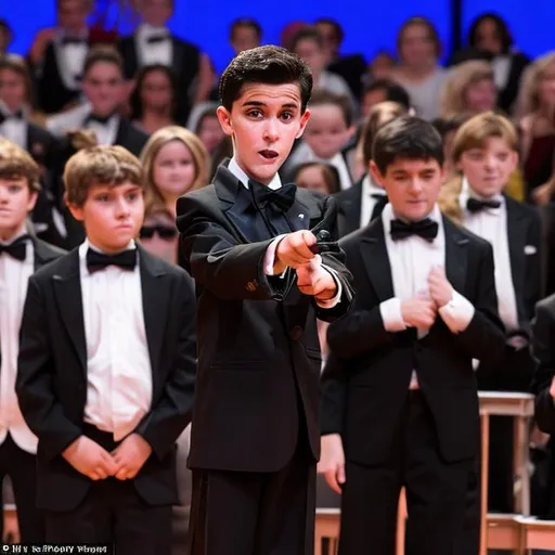 Prompt: 13 year old boy in a tuxedo stands up in the audience and casts a crazy magic spell on the actors with his magic wand 