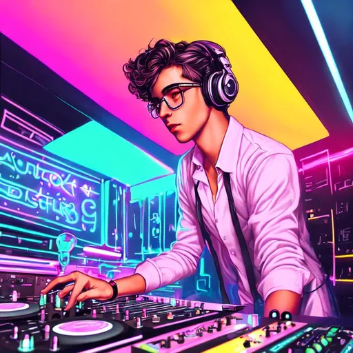 Prompt: Highly detailed shot soft lighting pastel painting of a stunning demure young male adult astrophysicist with glasses DJing with Pioneer style decks in a glowing neon clublike atmosphere with women DJs enveloping the stage in cute outfits.