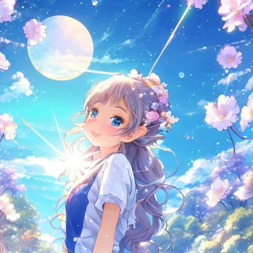 Prompt: Beautiful anime girl looking up to the sky,nature background with flowers, ponytail hairstyle,sun set, hd resolution, shinny water effect, full body, perfect outlines, waving, wind blowing smiling,coloring effect,beautiful shinny blur eyes, detailed background,holding signboard upward with two hands, white and blue clothes, elf, high quality, original and unique illustration