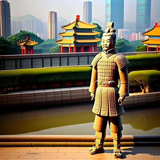 Prompt: A modern living Asian person who resembles a terra cotta warrior in a mix of traditional Chinese garb and a business suit, scenic landscape, bustling city