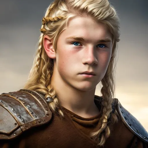Prompt: Viking teenage male portrait with blonde hair