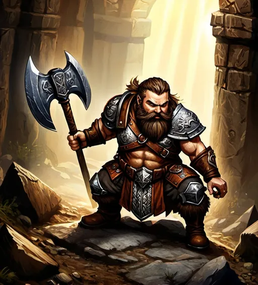 Prompt: illustration of Warhammer fantasy RPG style fierce dwarf warrior, intricate armor with detailed engravings, holding battle-worn axes, dramatic lighting casting deep shadows, rich earthy tones, high quality, epic fantasy, detailed beard, rugged, weathered look, heroic, fantastical, immersive setting