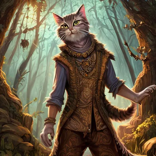 Prompt: Tabaxi, cat person, grey fur, painting style, fantasy, male, dress vest, colorful clothes, paisley clothes, forest background, glowing, magic, wizard, sorcerer, happy, young