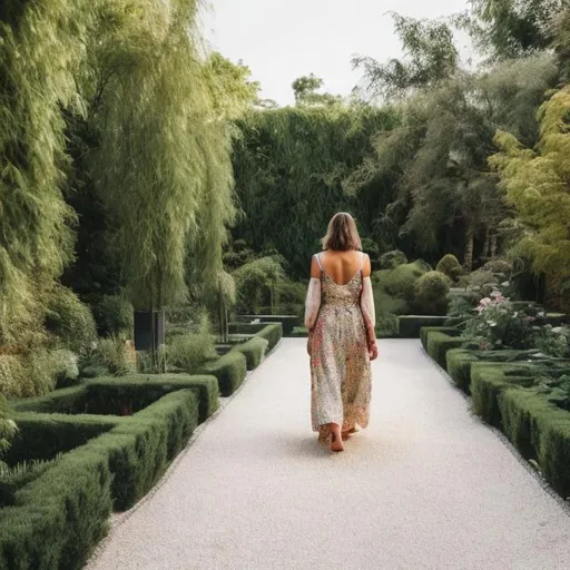 Prompt: women, filled with hope, in a beautiful dress, walking on a gravel path in a garden.