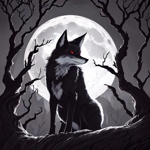 Prompt: evil fox with glowing red eyes standing on a moonlit hill surrounded by twisted, gnarled trees. The fox has sharp, menacing teeth and a sleek, black fur. The moonlight casts an eerie glow on the scene, emphasizing the fox's wicked demeanor. The image should have a dark, sinister atmosphere with a touch of mysticism. (dark fantasy:1.2) (moonlight:1.1) (sinister:1.1) (ominous:1.1) (nocturnal:1.1) (haunting:1.1)