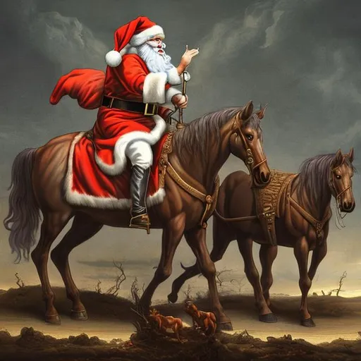 Prompt: Famine from the four horsemen of the apocalypse disguised as Santa Claus with horse and rider facing forward with a transparent background.