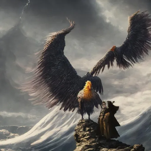 Prompt: Illustrate the epic moment of Mark Twain and Dumbledore feeding a phoenix on Mount Fuji. Ensure that each element in the scene is depicted with vivid colors, clear shapes, and intricate details, including the faces of the characters, the bird, and the breathtaking location. Use realistic light and shadow patterns, sharp textures, and well-composed scenes to create a magnificent and captivating artwork